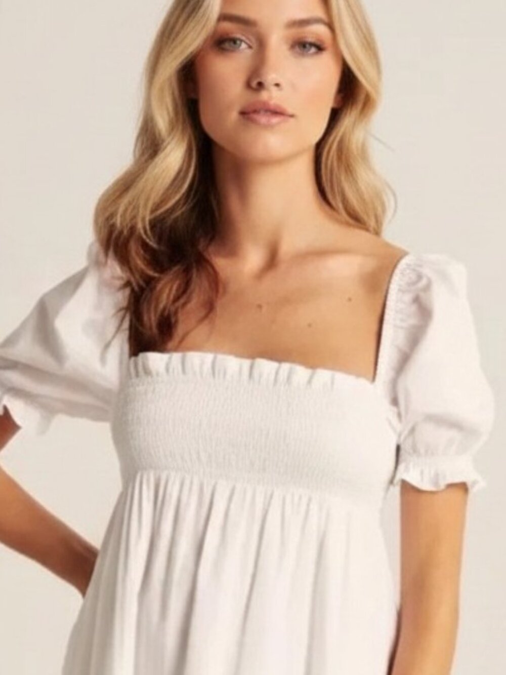 Abercrombie & Fitch Smocked Babydoll Mini Dress WHITE XS Pockets - Picture 7 of 11
